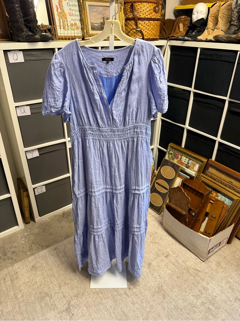 Quince Linen Light Blue Tiered Cotton Maxi Dress